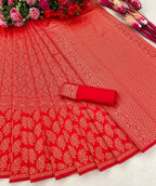 DEIANA'S Beautiful Designer Golden zari Soft Lichi Silk Saree - Red