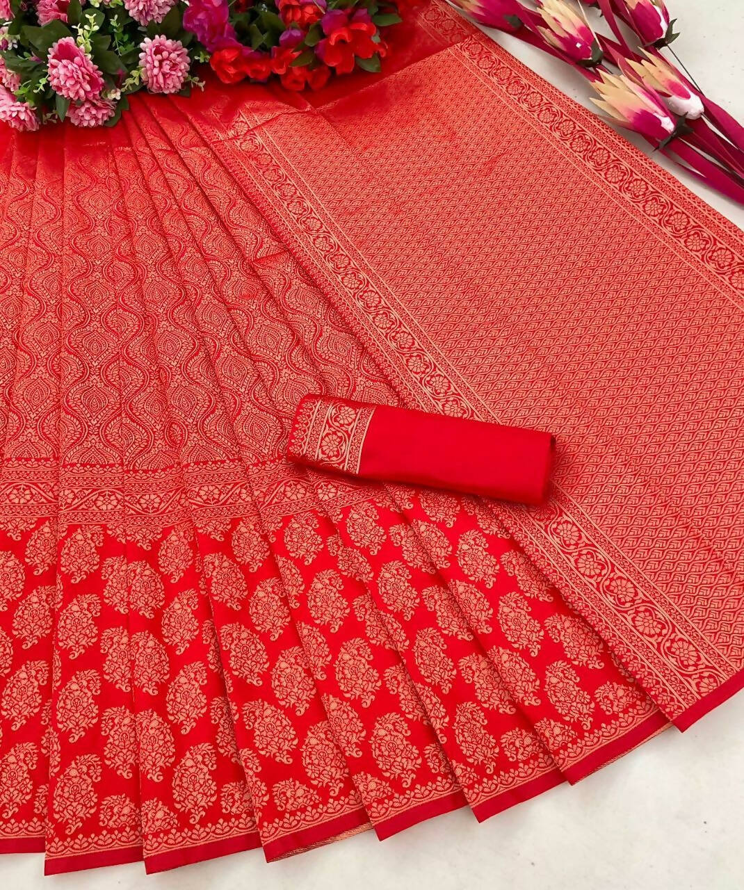 DEIANA'S Beautiful Designer Golden zari Soft Lichi Silk Saree - Red