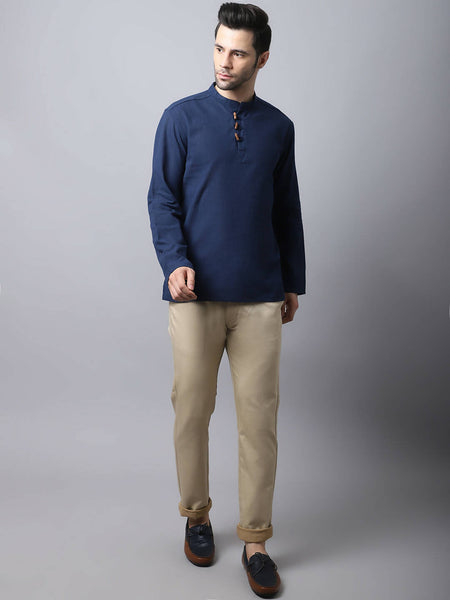 Even Apparels Navy Pure Cotton Men's Kurta With Band Collar