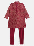 Ahalyaa Purple Poly Silk Gold Print Kids Kurta Churidar Set For Boys