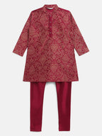 Ahalyaa Purple Poly Silk Gold Print Kids Kurta Churidar Set For Boys