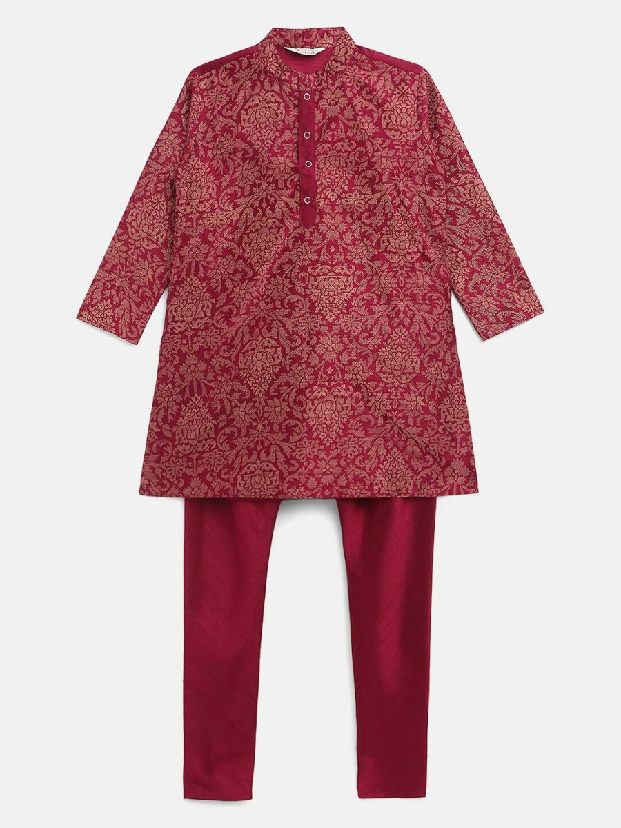 Ahalyaa Purple Poly Silk Gold Print Kids Kurta Churidar Set For Boys