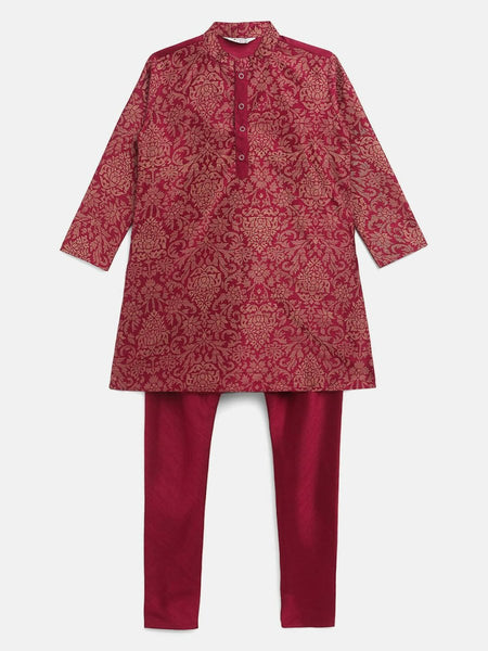Ahalyaa Purple Poly Silk Gold Print Kids Kurta Churidar Set For Boys