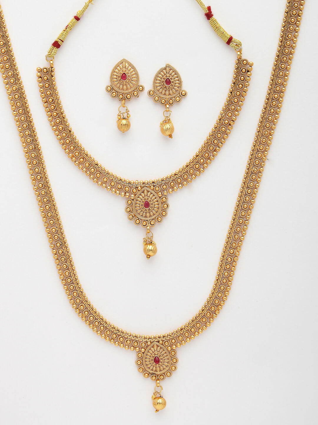 NVR Women's Set of 2 Gold-Polished Pink Stone Studded Jadau Jewellery Set