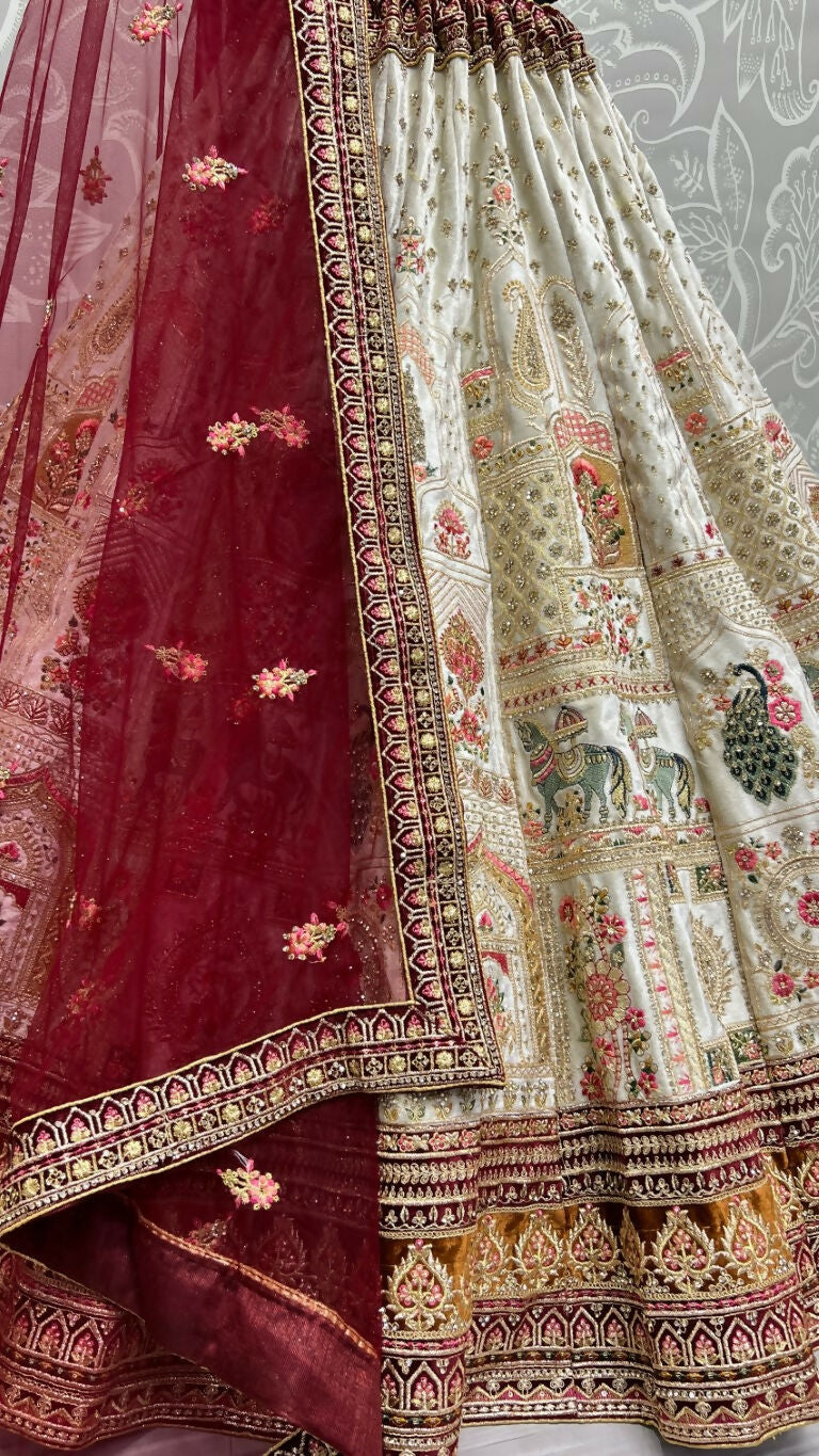 Jyoti Fashion Women's White Velvet Fancy Dori & Sequins with Multi Thread Embroidered with Diamond Work Wedding Lehenga Choli
