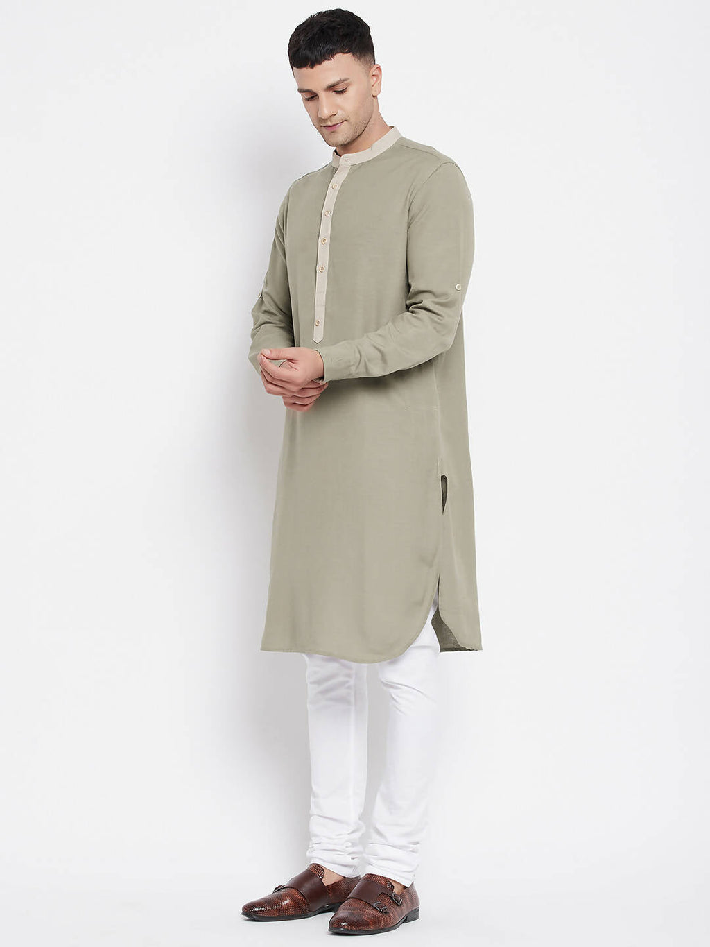 Even Apparels Green Pure Cotton Men's Kurta With Contrast Collar And Placket - Distacart