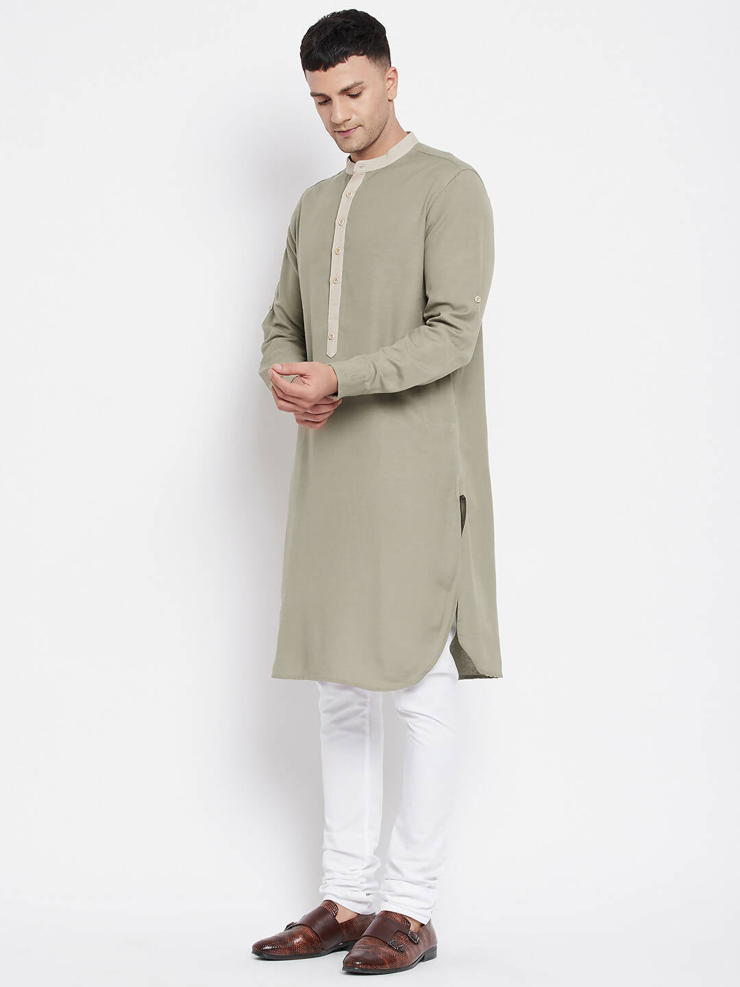 Even Apparels Green Pure Cotton Men's Kurta With Contrast Collar And Placket - Distacart