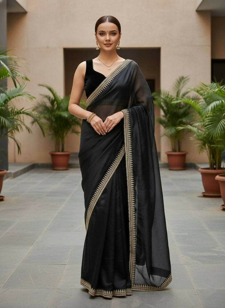 Joban Fashion Black Soft twill Net Party Wear Sarees - Distacart