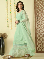 Myshka Women's Green Georgette Kurta & Skirt With Dupatta Party Sets