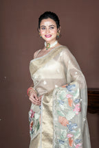 Morchari Beige Banarasi Tissue Computer Embroidery Saree Unstitched Blouse - Distacart