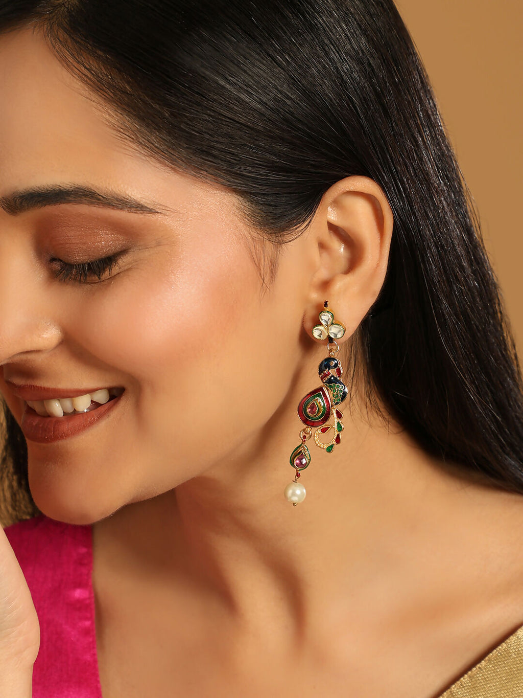 Nuyug 22K Gold Plated Pearl Drop Kundan Studded Ethnic Peacock Shaped Drop Earrings - Distacart