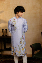 Falling Raw Silk Power Blue Botanical Bloom Kurta Set By Hilo Design