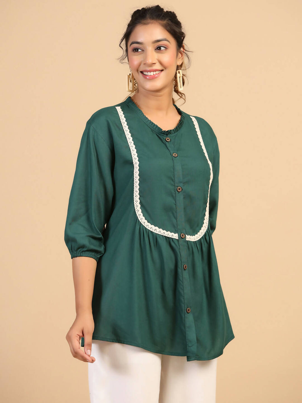 Womens Green Rayon Solid Top - Keeva