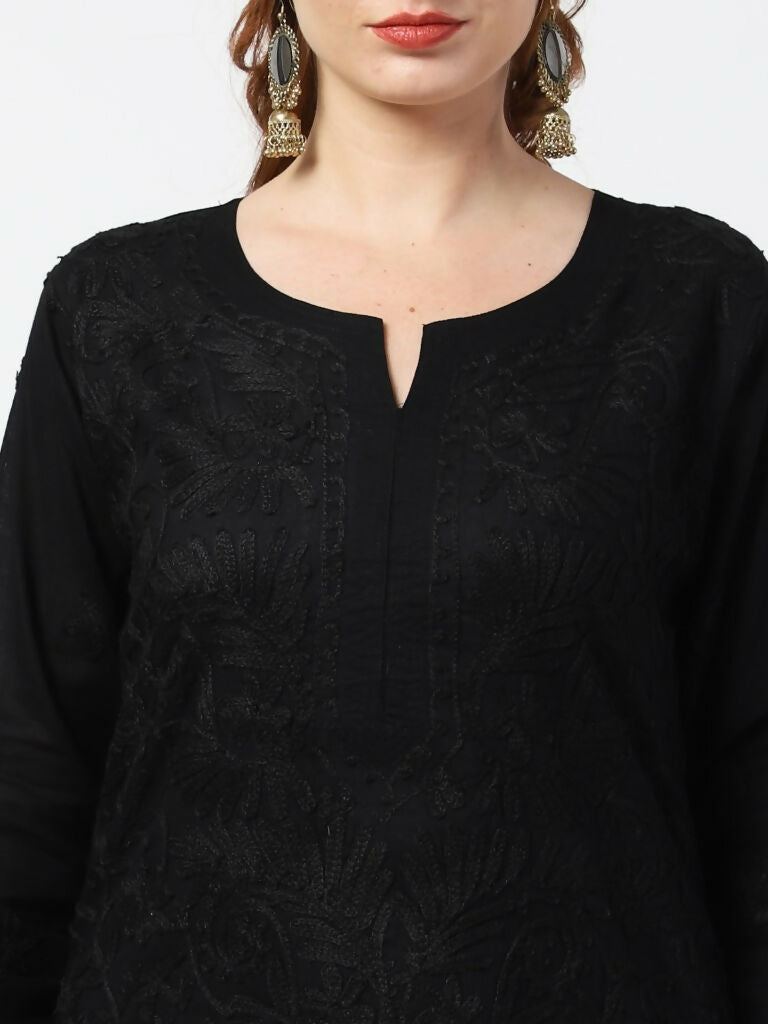 Cheera Women Stylish Hand Chikenkari Cotton Kurta With Palazzo - Black