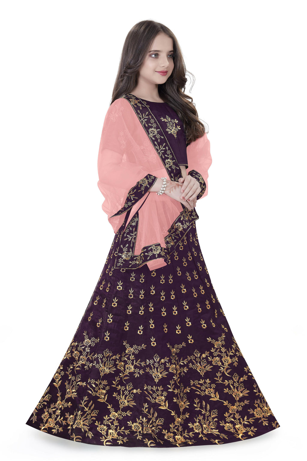Dwiden Purple Baby Doll Tafetta Sattin Semi-Stitched Girl's Lehenga Choli