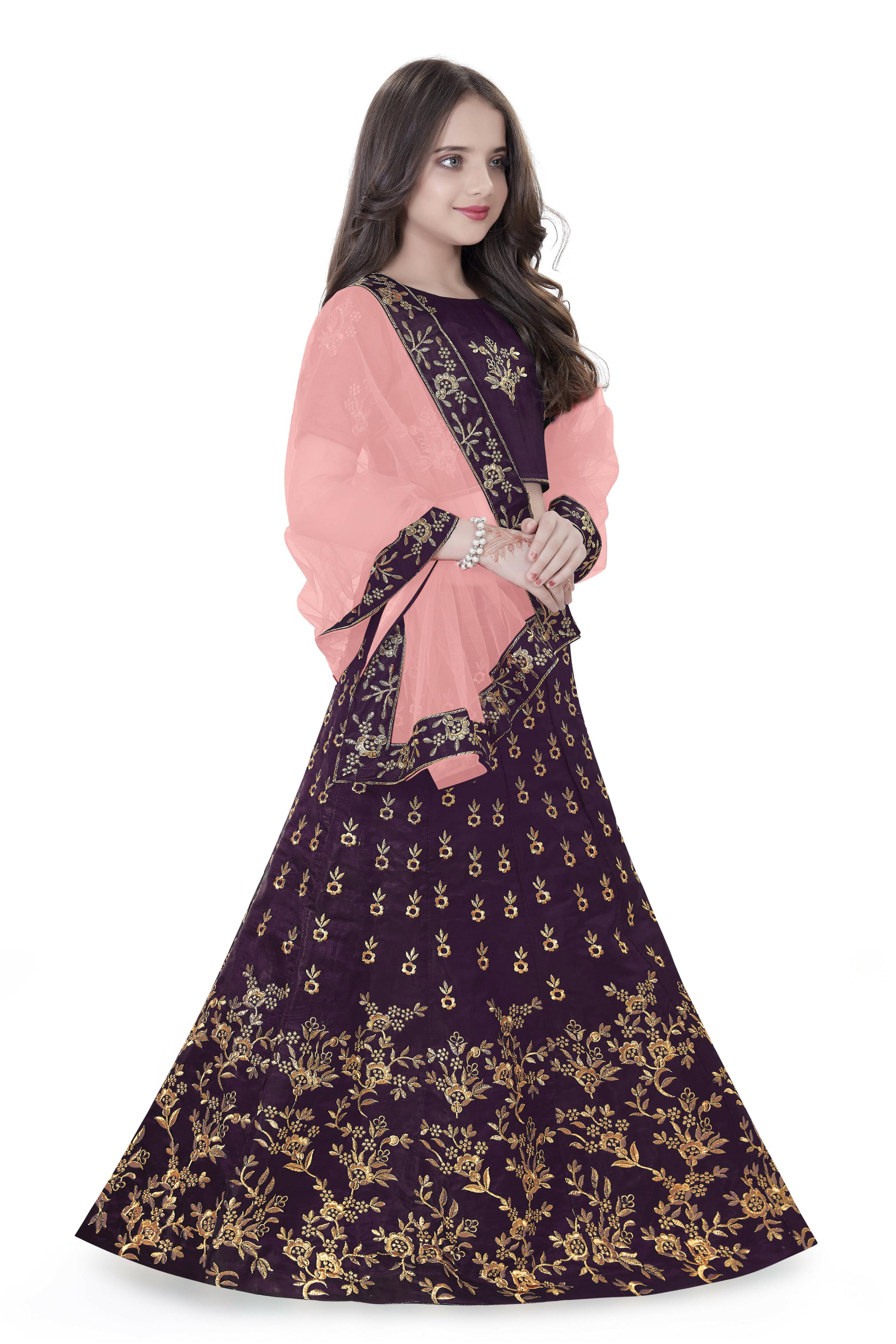 Dwiden Purple Baby Doll Tafetta Sattin Semi-Stitched Girl's Lehenga Choli