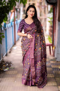 Purple Slub Silk Printed Saree with Unstitched Blouse - Hiral Fashion