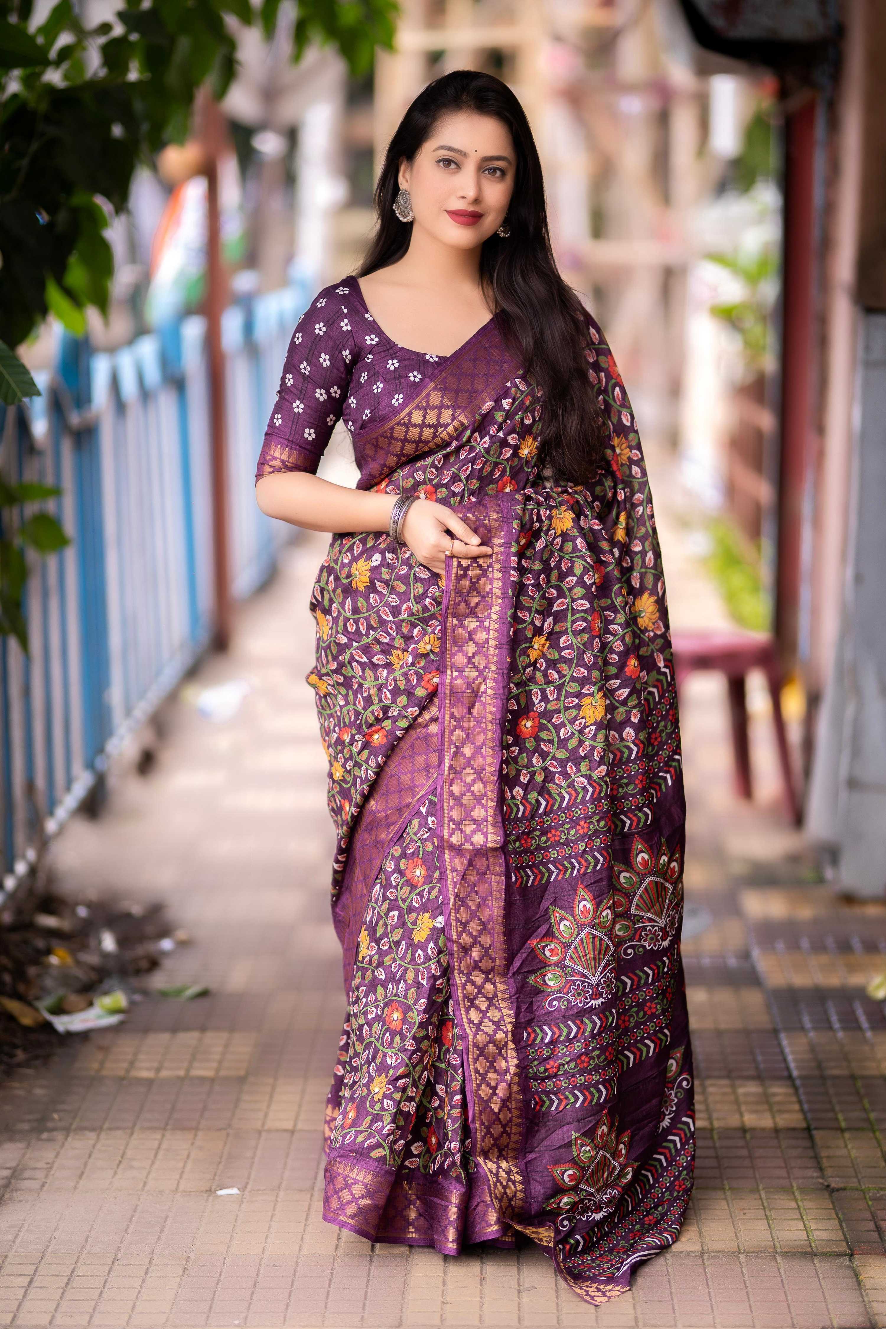 Purple Slub Silk Printed Saree with Unstitched Blouse - Hiral Fashion