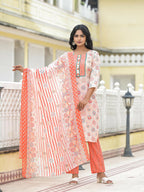 Juniper Women's Peach Floral Printed Cotton Kurta Pant With Dupatta Set With Sequins & Thread Work