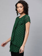 Ahalyaa Women Green Georgette Golden Polka Dots Print Layered Tunic
