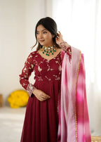 Teeya Creation Maroon Color Crunchy Silk Embroidery Work Gown - Distacart