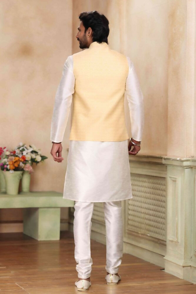 Raivat Ethnic Jacquard Banarasi Silk Woven Work 3 Pics Jacket Set In Yellow Colour - Distacart
