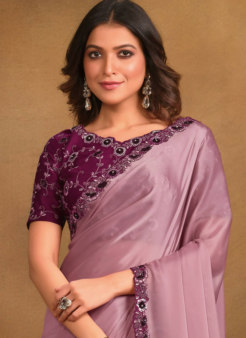 Purple Satin Silk Designer Saree with Unstitched Blouse - Norita Mahitha