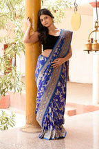 Joban Fashion Ink Blue Banarasi Soft Pure Handloom Banarasi Silk Saree