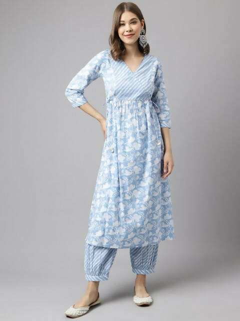 FIORRA Women's Blue Cotton A-Line Kurta Set