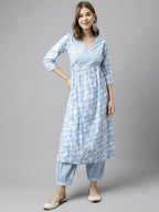 FIORRA Women's Blue Cotton A-Line Kurta Set