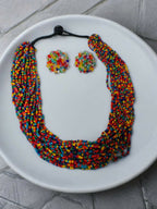 Inhanns Vibrant Handmade 20 Layers Beaded Necklace With Matching Earrings - Multi Colour