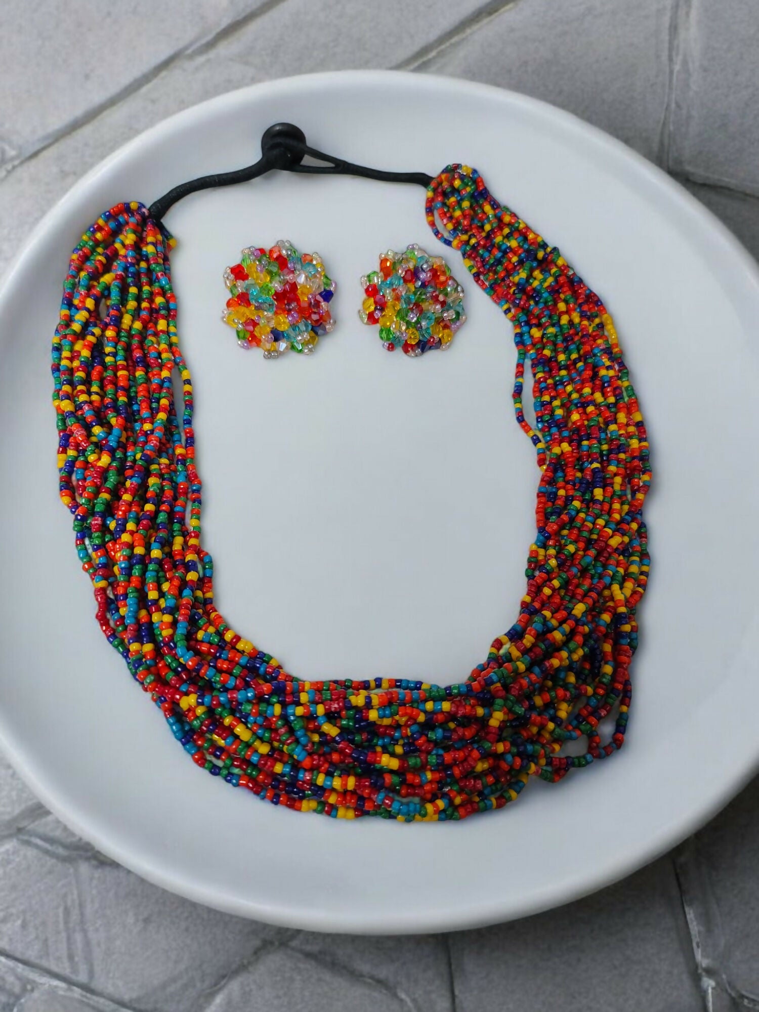 Inhanns Vibrant Handmade 20 Layers Beaded Necklace With Matching Earrings - Multi Colour