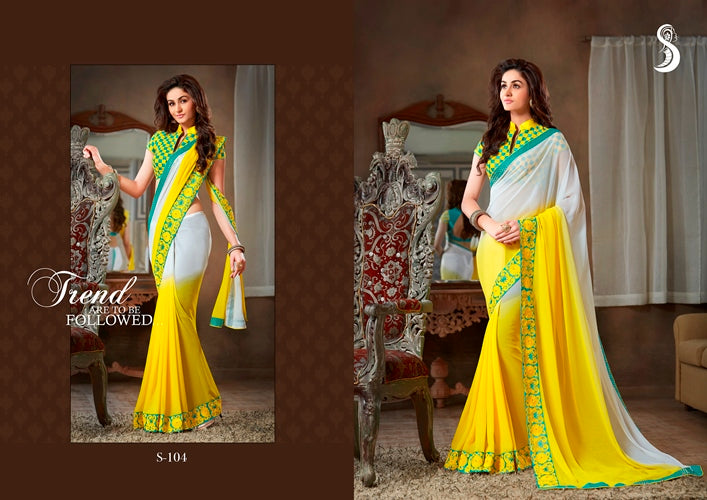 Vamika White & Yellow Designer Georgette Embroidery Saree