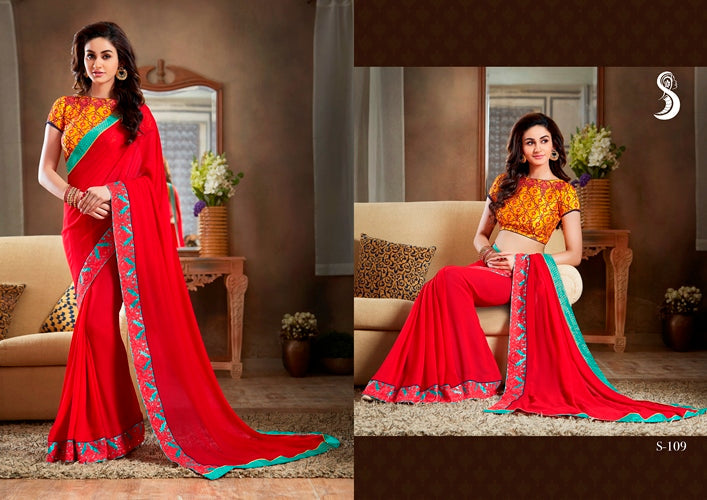 Vamika Red Designer Georgette Embroidery Saree