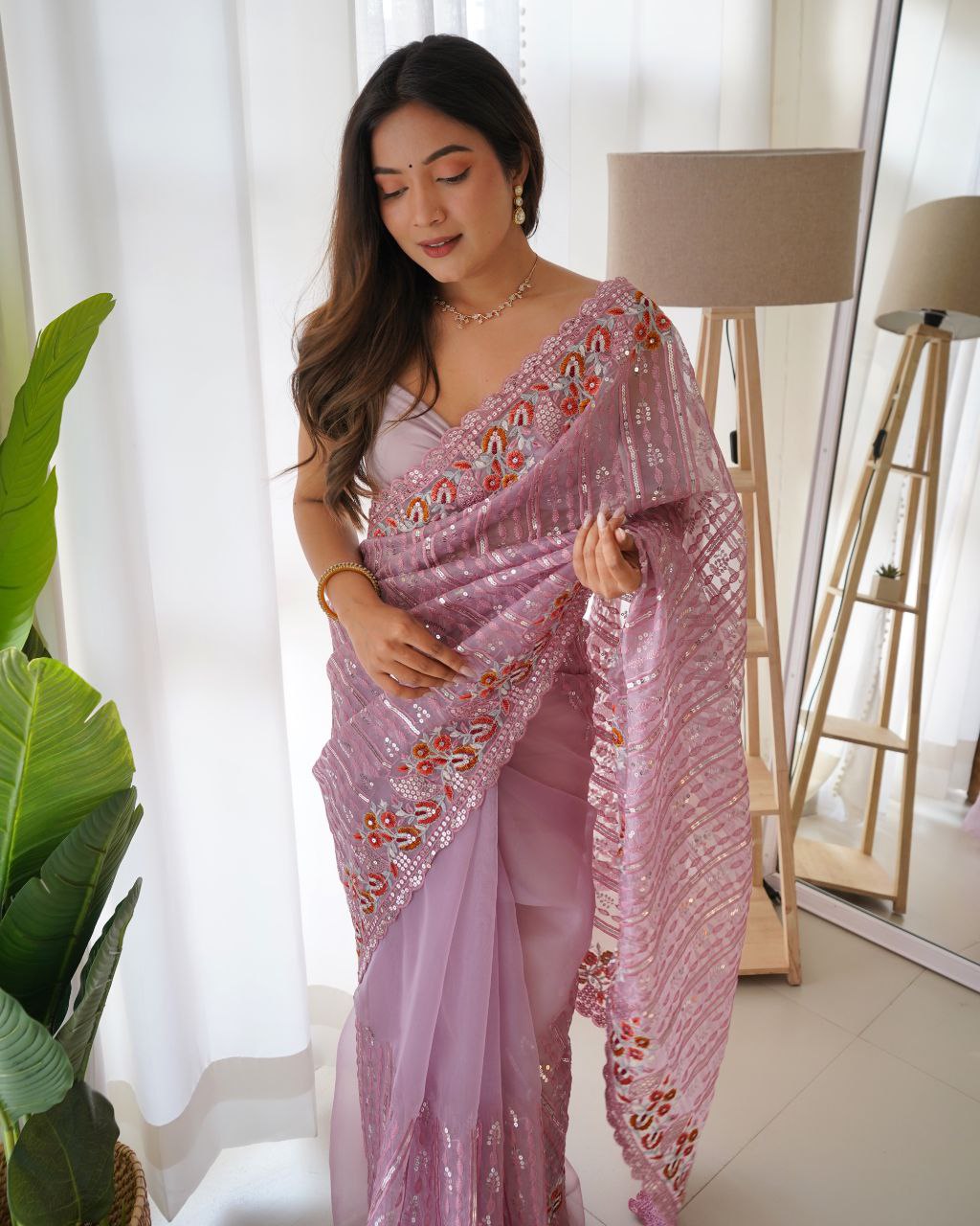 Teeya Creation Peach Color Organza Silk Wedding Wear Embroidery Sequence Work Saree