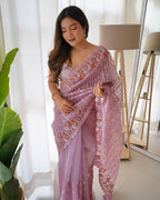 Teeya Creation Peach Color Organza Silk Wedding Wear Embroidery Sequence Work Saree