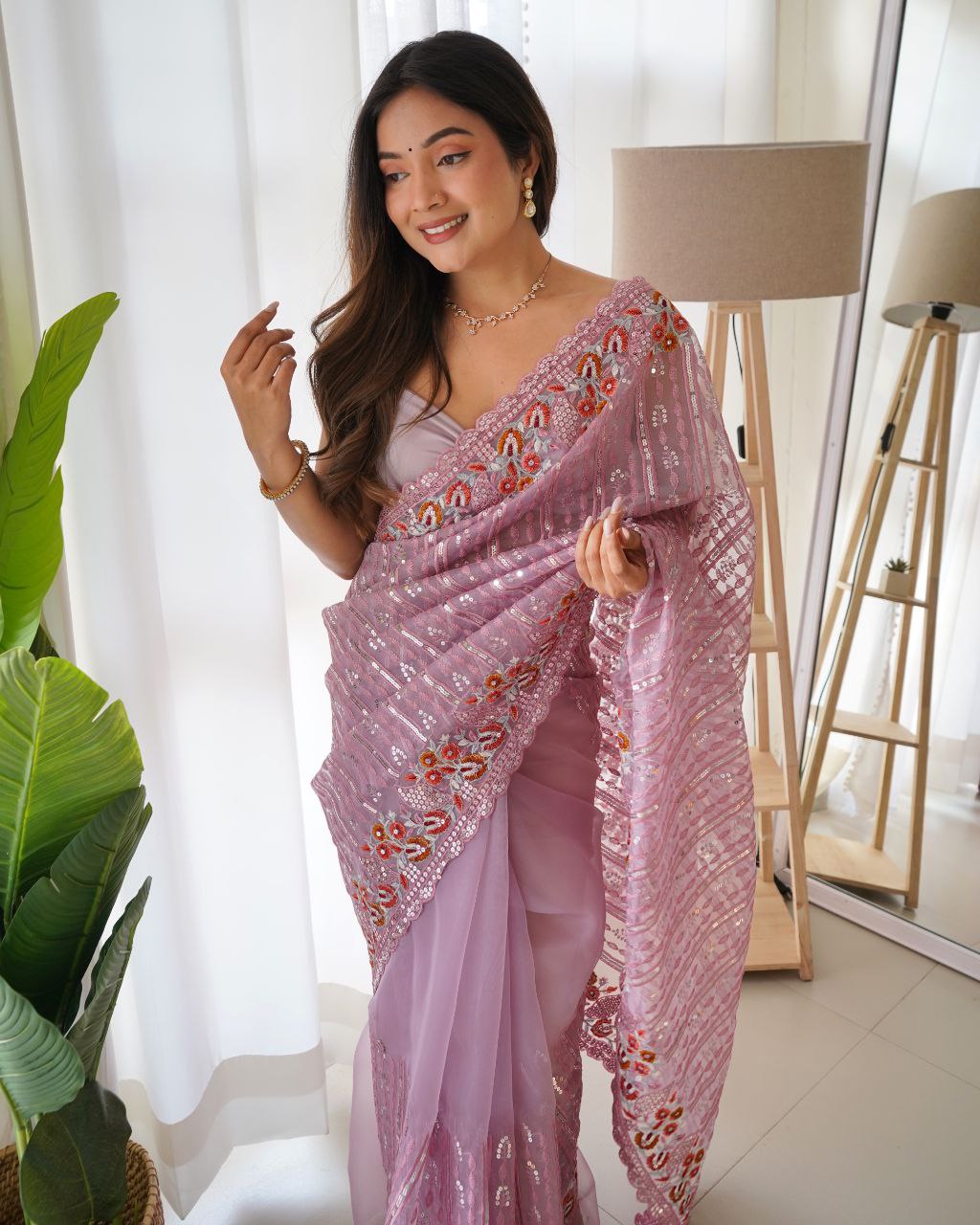 Teeya Creation Peach Color Organza Silk Wedding Wear Embroidery Sequence Work Saree