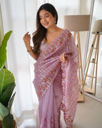 Teeya Creation Peach Color Organza Silk Wedding Wear Embroidery Sequence Work Saree