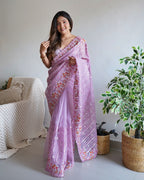 Teeya Creation Peach Color Organza Silk Wedding Wear Embroidery Sequence Work Saree