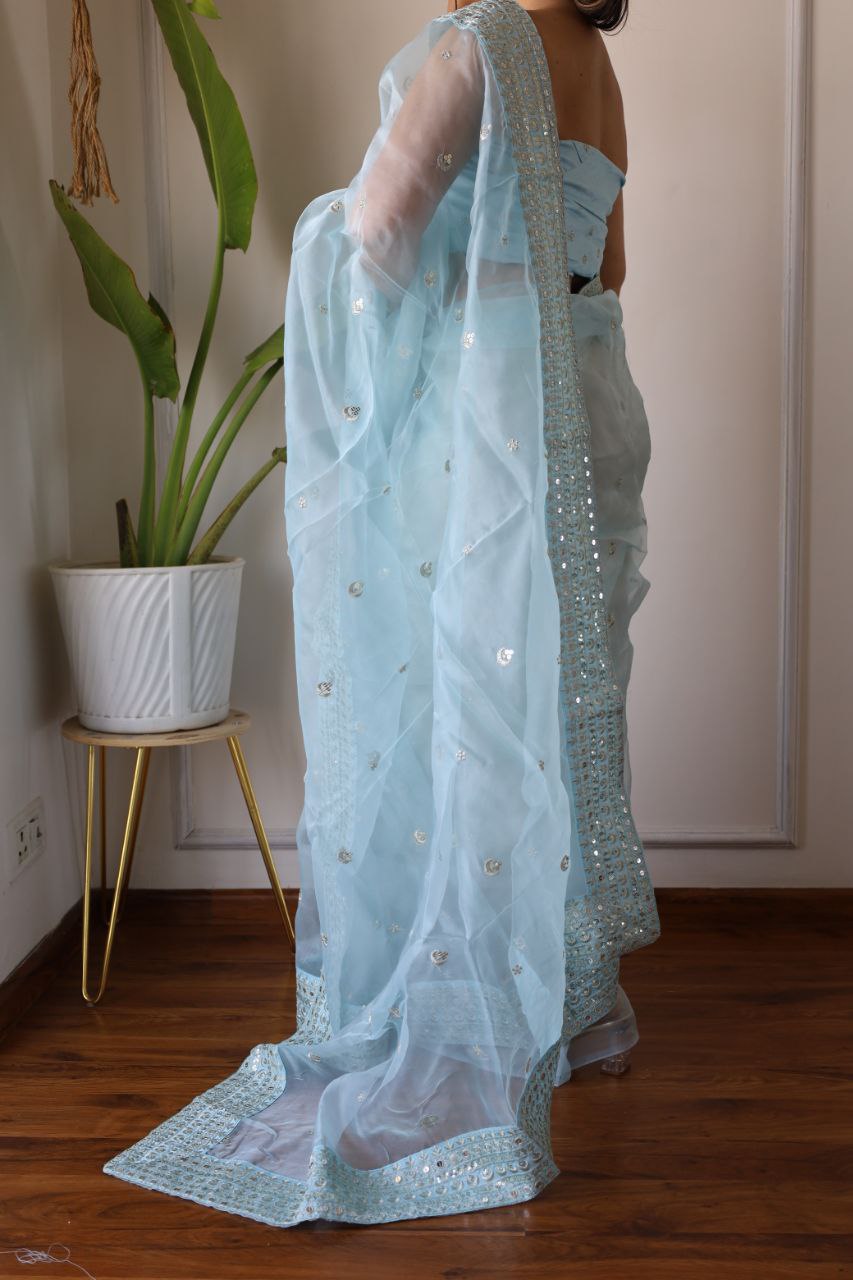 Teeya Creation Light Sky Color Organza Silk Embroidery Work Saree