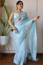 Teeya Creation Light Sky Color Organza Silk Embroidery Work Saree