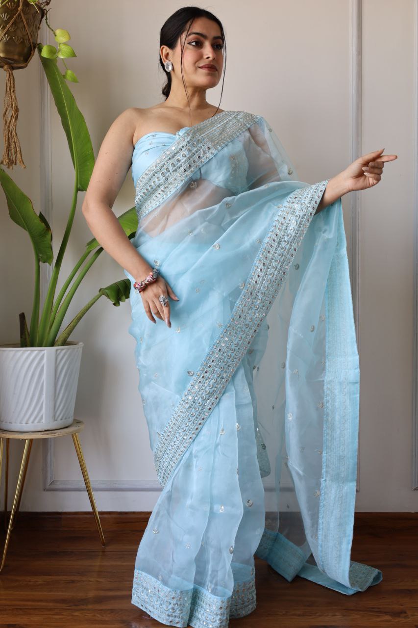 Teeya Creation Light Sky Color Organza Silk Embroidery Work Saree