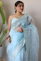 Teeya Creation Light Sky Color Organza Silk Embroidery Work Saree