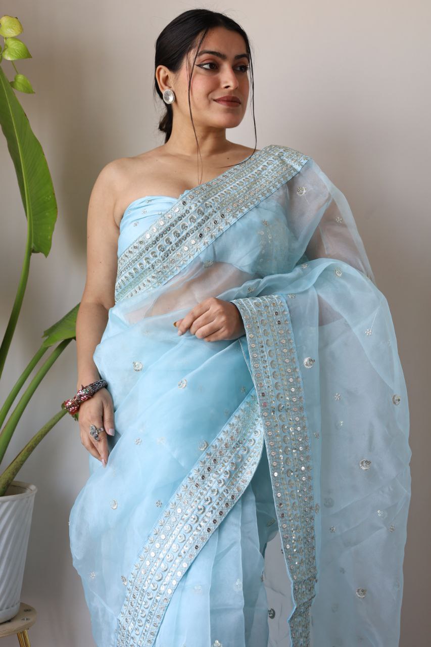 Teeya Creation Light Sky Color Organza Silk Embroidery Work Saree