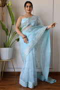 Teeya Creation Light Sky Color Organza Silk Embroidery Work Saree