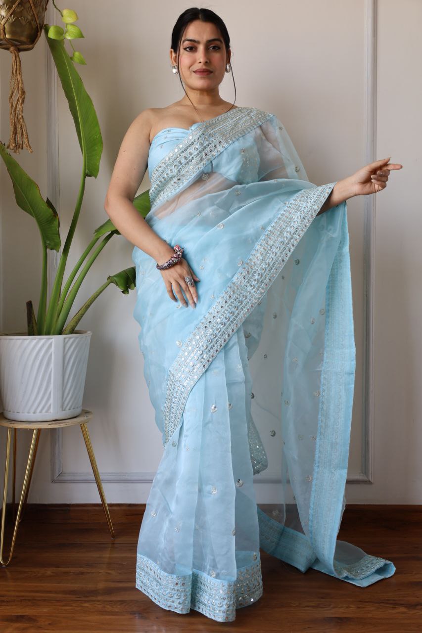 Teeya Creation Light Sky Color Organza Silk Embroidery Work Saree
