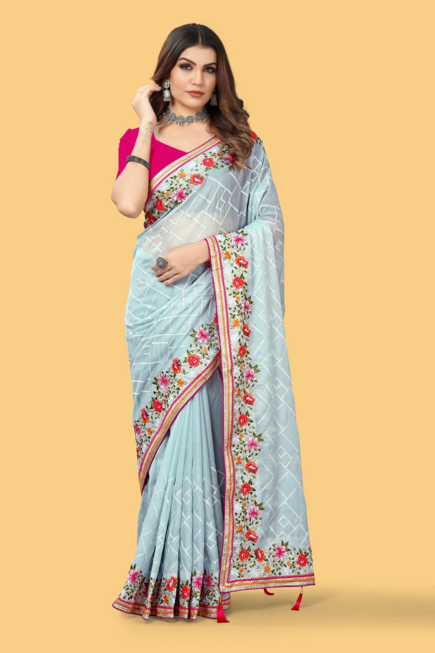Teeya Creation Sky Blue Color floral embroidery work design saree