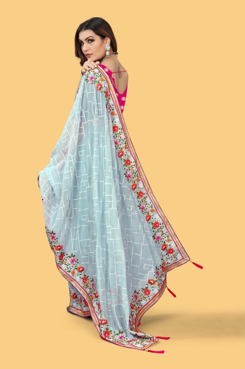 Teeya Creation Sky Blue Color floral embroidery work design saree