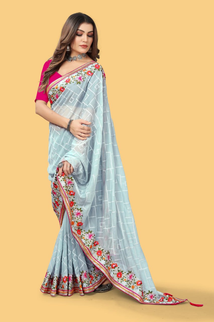 Teeya Creation Sky Blue Color floral embroidery work design saree