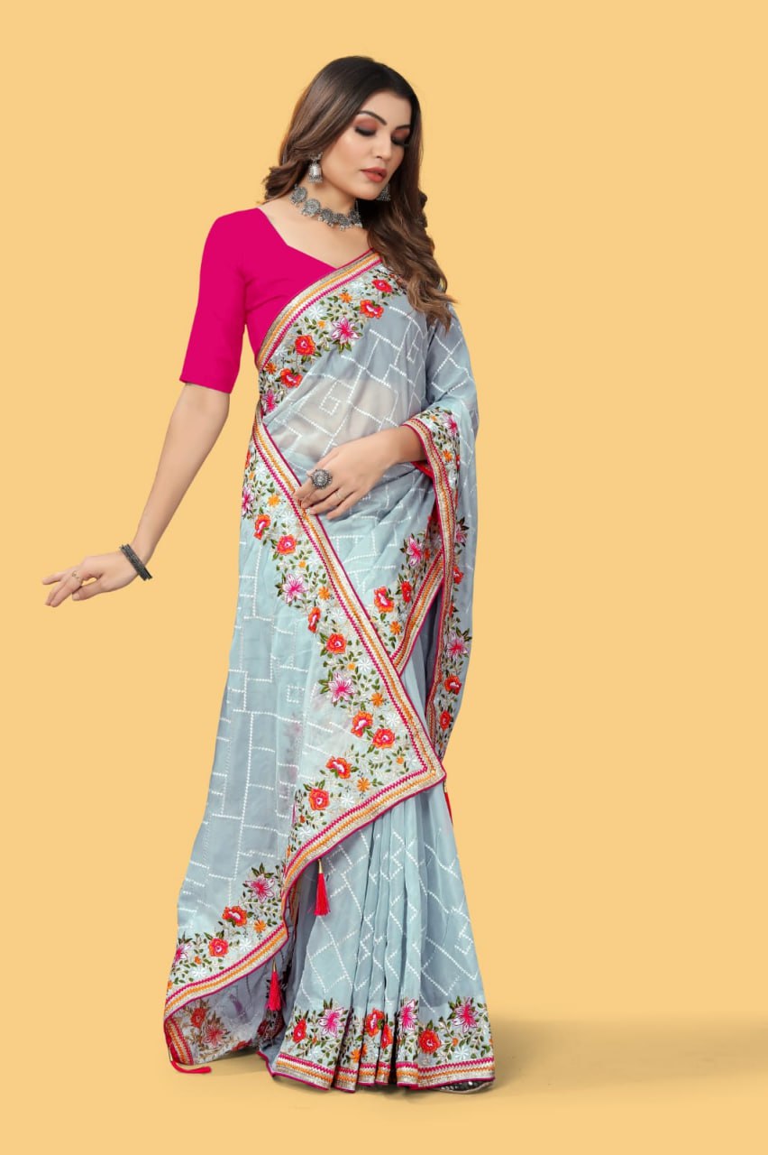 Teeya Creation Sky Blue Color floral embroidery work design saree